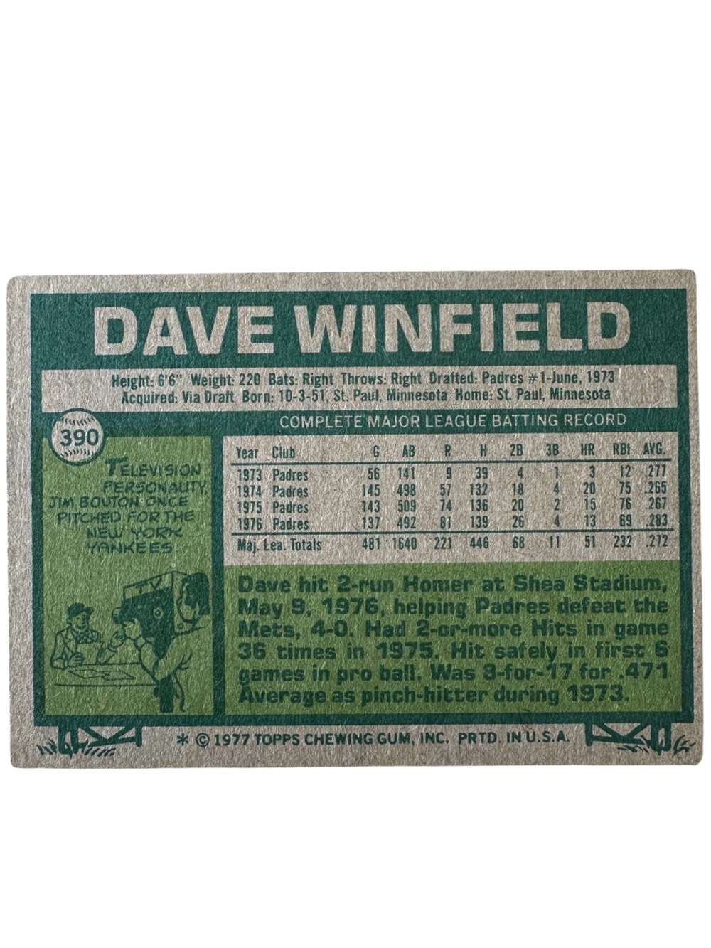 1977 Topps Dave Winfield #530 San Diego Padres HOF Vintage MLB Baseball Card - Picture 2 of 2
